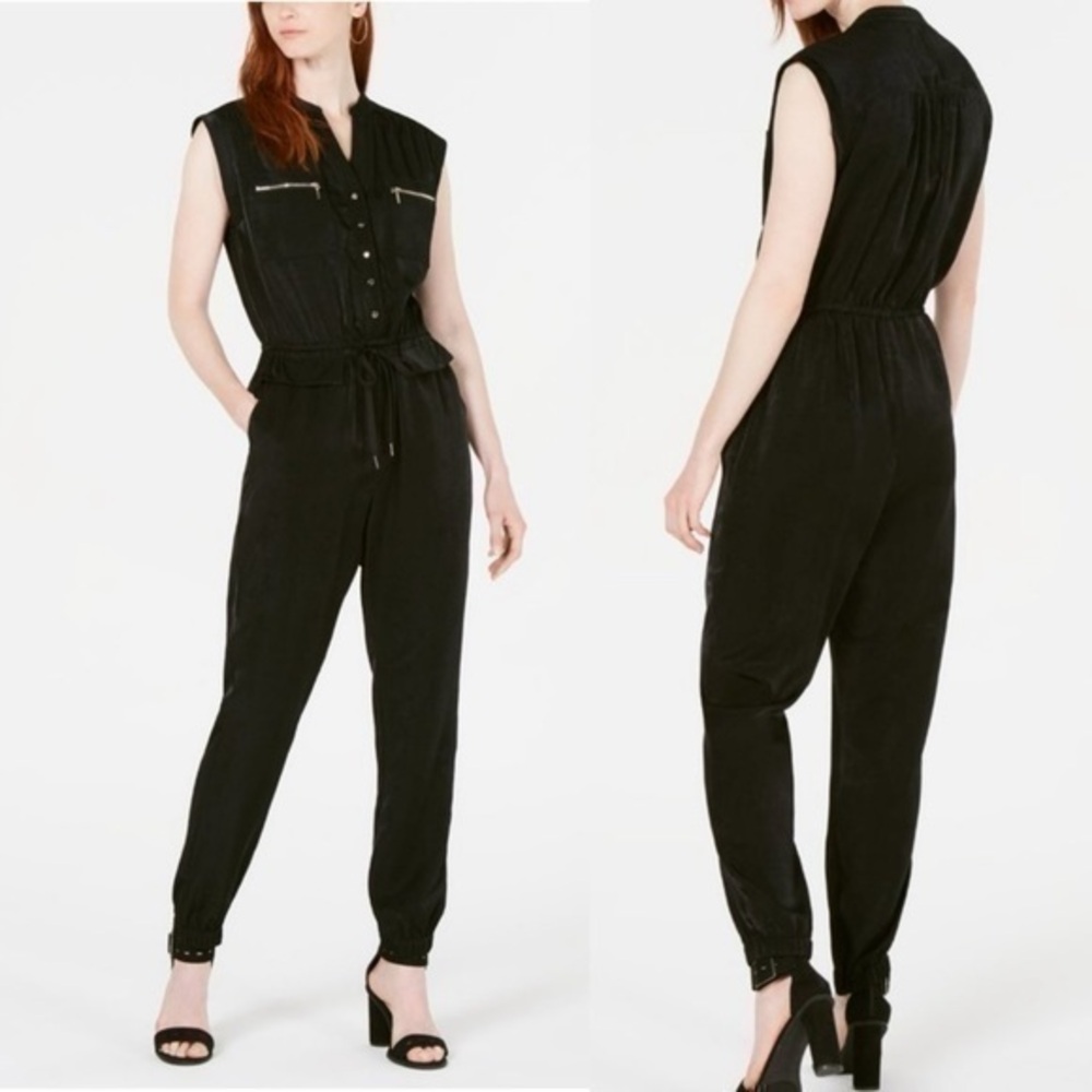 Bar III Utility Sleeveless Button Front Top Long Jumpsuit Black Small